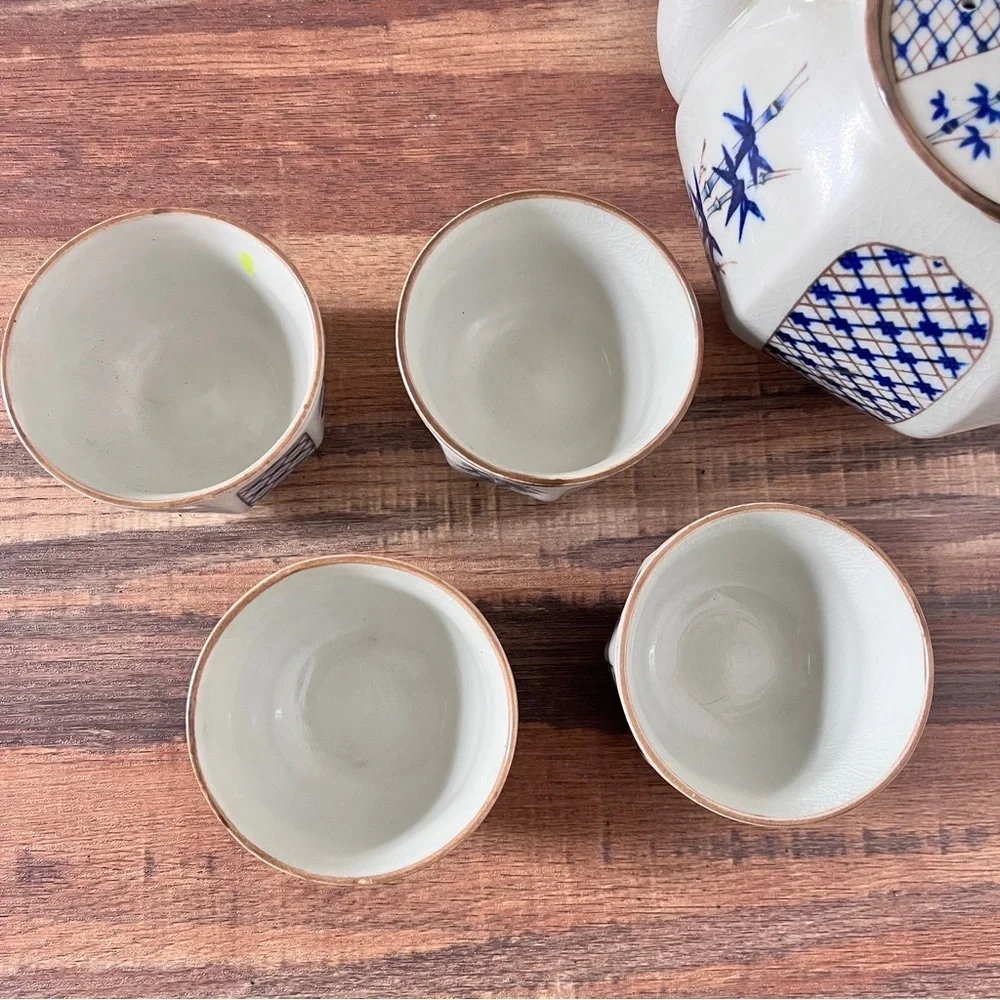 Vintage Otagiri Ceramic Japanese Teapot With 4 Cups Rattan Handle White Blue